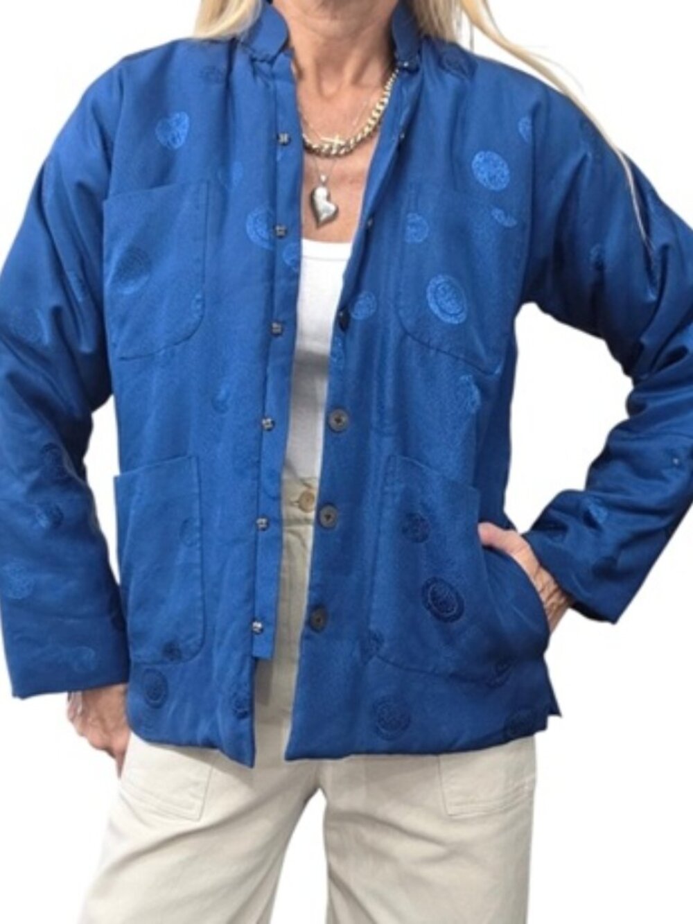 Vintage 70s Double Horse Blue Silk Medallion Chinese Jacket 26